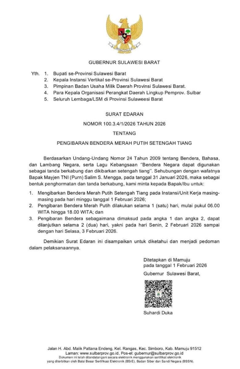 Pemprov Instruksikan Tiga Hari Bendera Setengah Tiang Tanda Berkabung Wafatnya Wagub Sulbar